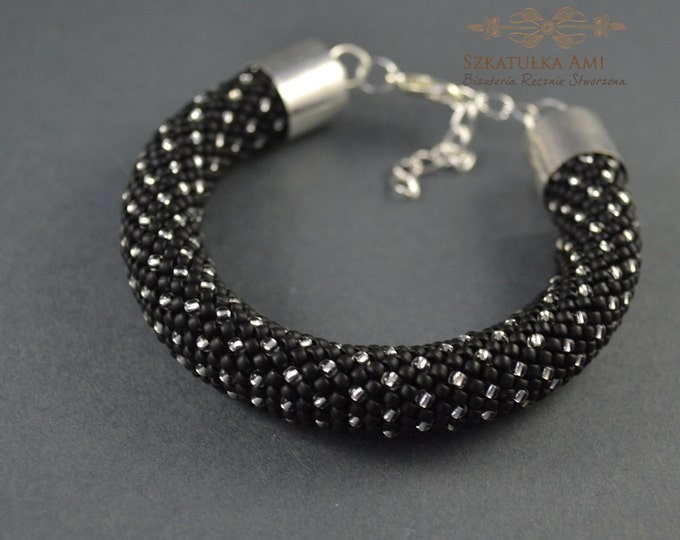 Black silver Dots bracelet Nail bangle black silver beaded bracelets birthstone bracelet mom gift wife net bracelet seed beads cuff crochet