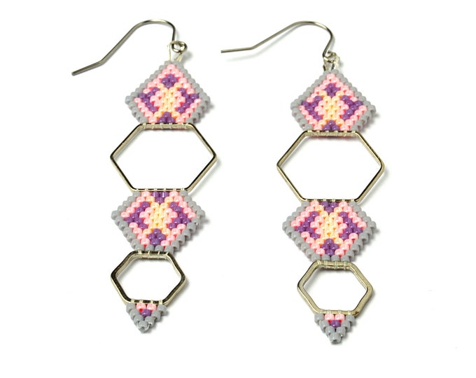hexagon earrings, geometric earrings, minimalist earrings, earrings silver, silver jewelry, statement earrings, dangle earrings, beaded