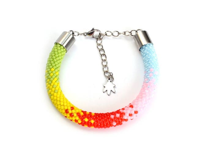 Rainbow Bracelet, Seed bead bracelet, cuff bangle, colored bracelet, friendship gift, springs ideas, crochet bracelet, handmade bracelet