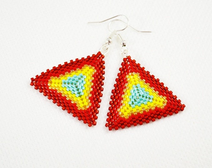 Colourful triangles earrings Woven earrings Sedd beads earrings Shadow Beads earrings Gift for her Elegant earrings Drop earrings Dangle