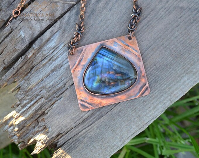 Blue labradorite, stone necklace, Copper necklace, Metal plate necklace, Metal sheet, amulet necklace, Pendant stone, Chainmalle necklace