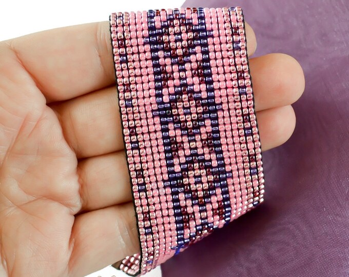 Pink purple bracelet woven bracelet loom bracelet aztec pattern cuff bracelet friendship gift seed beads bracelet womens girls gift springs