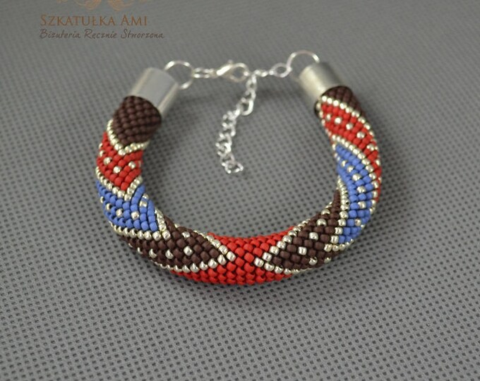 Red blue brown bracelet crochet colorful bracelet beaded bracelet handmade bangle braclets womens girls gift glass beads effect shading her