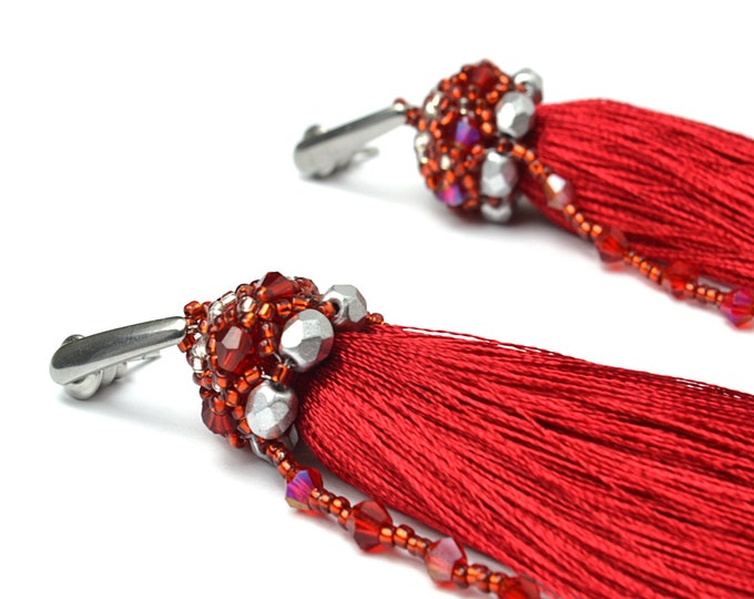 red fringe earrings, tassel earrings, tassel jewelry, elegant long tassels, boho chic earrings, beaded earrings, seed bead earrings, women