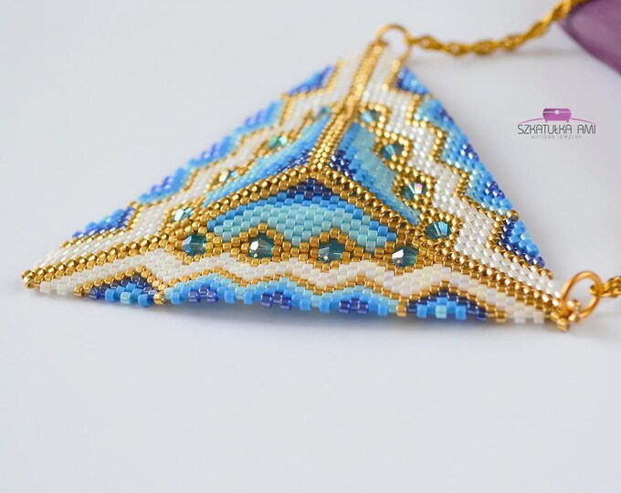 pendant triangle, beaded triangle, triangle necklace, geometric necklace, blue gold triangle, tribal necklace, tribal jewelry, beadwork