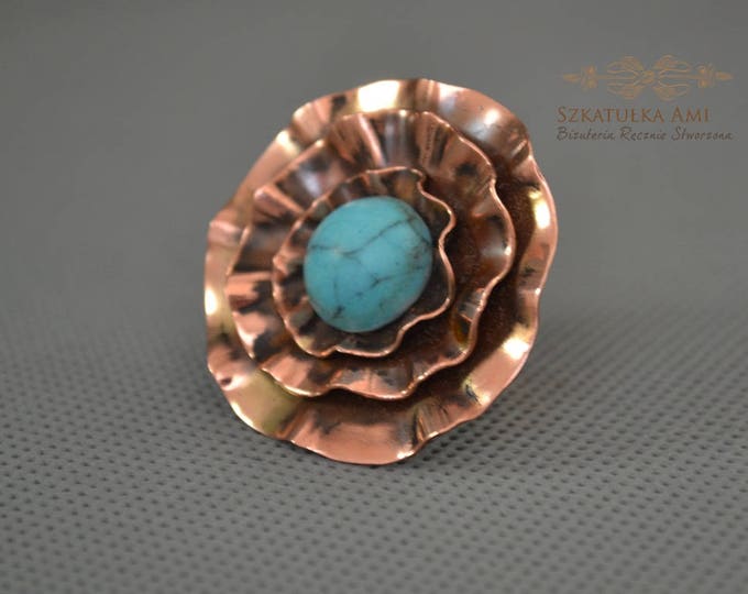 gypsy ring, turquoise ring, copper ring, flower big ring, statement ring, engagement ring, handcrafted ring, present for lady, women gift