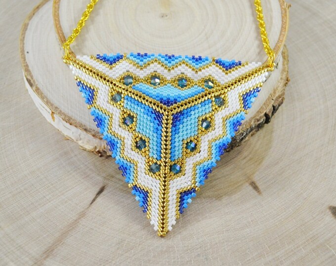 pendant triangle, beaded triangle, triangle necklace, geometric necklace, blue gold triangle, tribal necklace, tribal jewelry, beadwork