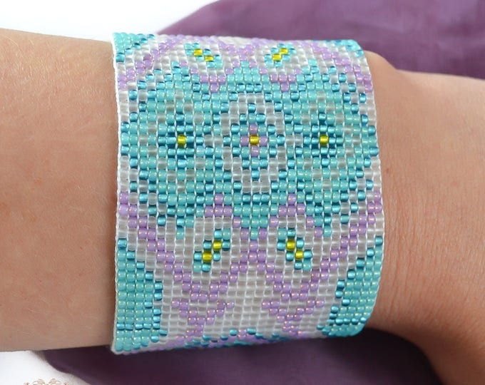 Pastel beaded cuff, loom bracelet, wide bracelet, bangle bracelet, wide cuff bracelet, seed bead bracelet, bead cuff bracelet, aztec pattern