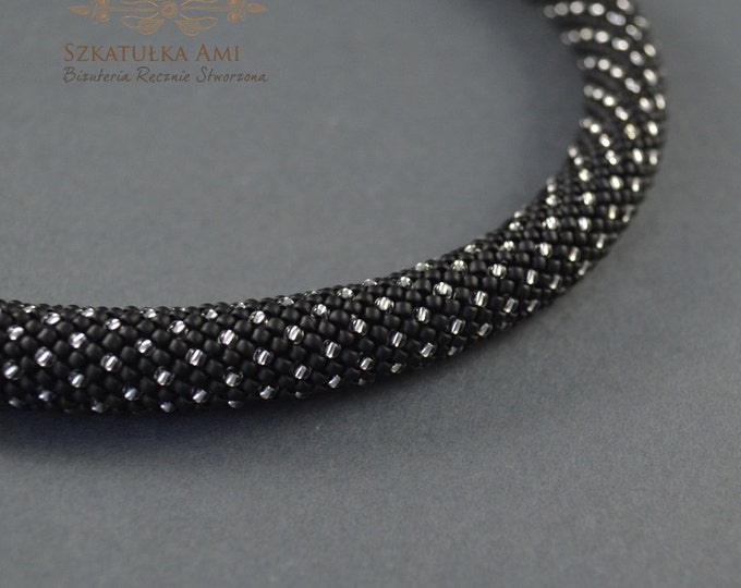 Black silver Dots bracelet Nail bangle black silver beaded bracelets birthstone bracelet mom gift wife net bracelet seed beads cuff crochet