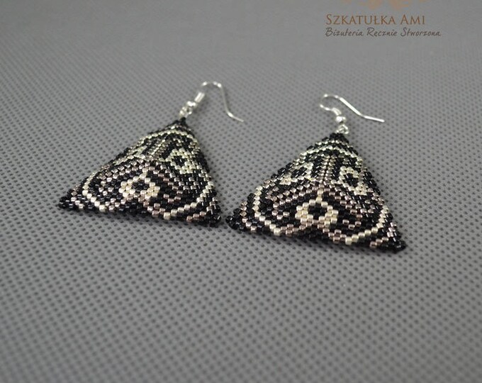 Metallic Black silver triangles earrings Woven earrings Seed beads earrings Metallic Gift for her Elegant viper Drop earrings Dangle