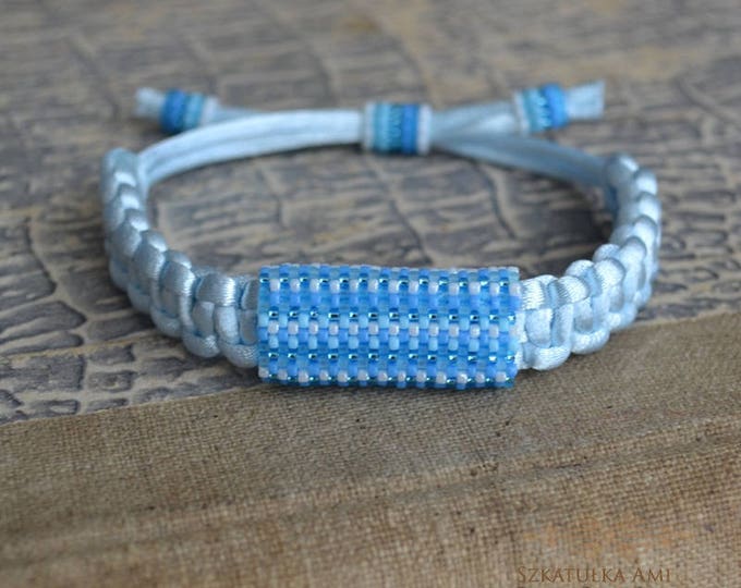 Satin string women bracelet Ethnic bracelets shadow blue Organic jewelry Beaded bracelets Tribal Men bracelet Leather natural brace