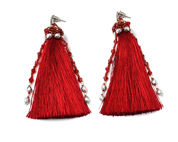 red fringe earrings, tassel earrings, tassel jewelry, elegant long tassels, boho chic earrings, beaded earrings, seed bead earrings, women