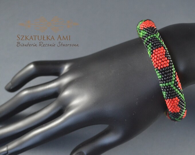 Heart crochet rope Bracelet Beaded Seed beads bracelet jewelry Colored pattern Black red green Womens girls gift Springs jewelry