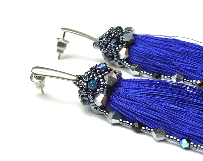 Long navy tassel earrings