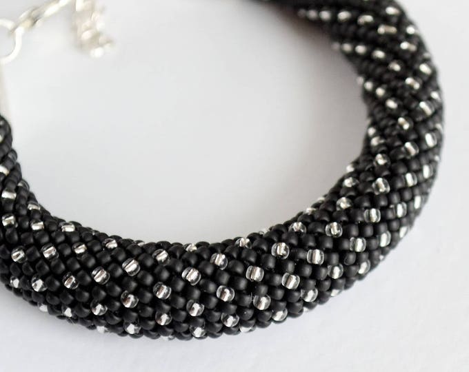 Black silver Dots bracelet Nail bangle black silver beaded bracelets birthstone bracelet mom gift wife net bracelet seed beads cuff crochet