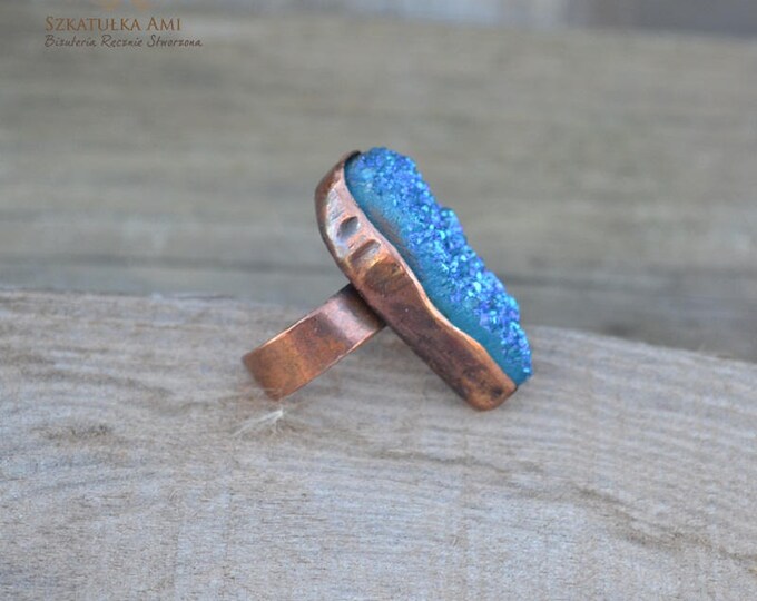 Ring Agate Titanium Coating Stone Boho Copper Ring Unique Ring Statement Ring Copper Sheet Embossed Not Heavy Blue Universal Ring Gift Her