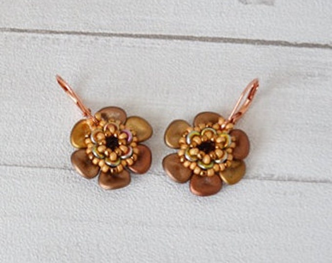 Flowers small earrings Seed beads earrings Bride mother Wedding day Brown old gold earrings Cute earrings Woven earrings Beaded beadings