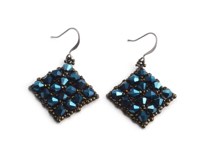 blue crystal earrings, retro earrings, bicone earrings, square earrings, geometric earrings, glowing earrings, maroon earrings, party