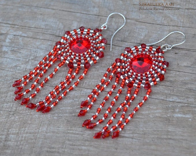 Red Crystal earrings, swarovski earrings, boho earrings, Small glass beads, hand woven, fringe earrings, medium earrings, silver hooks