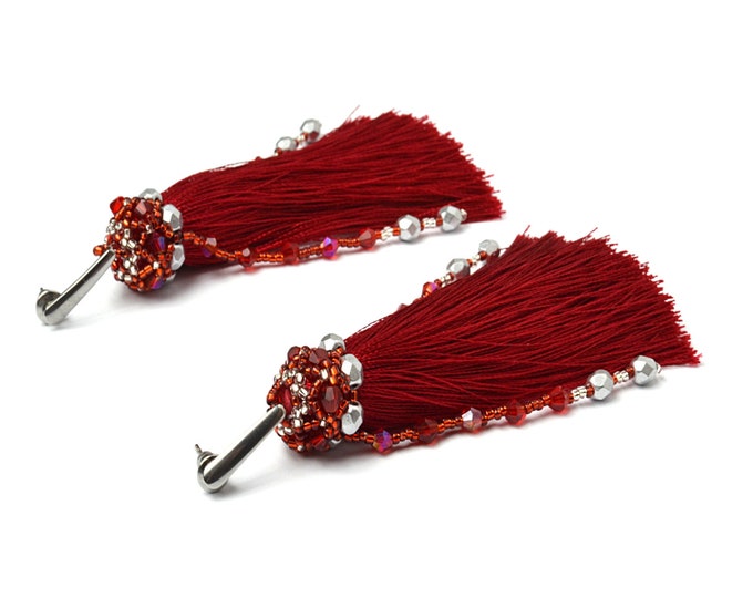 red fringe earrings, tassel earrings, tassel jewelry, elegant long tassels, boho chic earrings, beaded earrings, seed bead earrings, women