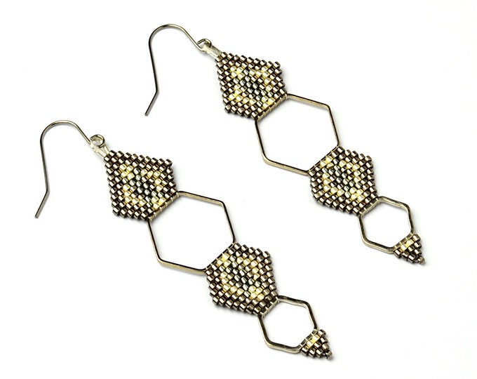 hexagon earrings, geometric earrings, minimalist earrings, earrings silver, silver jewelry, statement earrings, dangle earrings, beaded