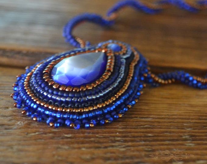 Blue sky necklace, glass necklace, seed bead necklace, beading bead cobalt necklace, gift for her, statement necklace, gold brown blue, boho