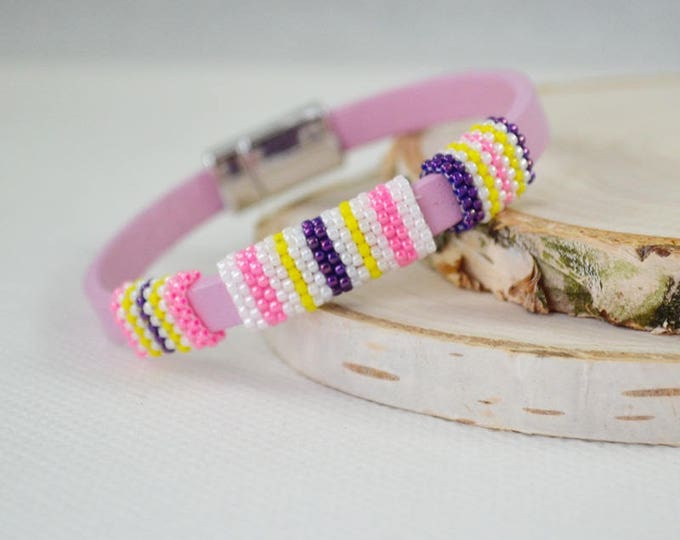 Stripes bracelet, bangle bracelet, leather bracelet, pastel bracelet, Pink bracelet, Magnetic clasp, Natural strap, Cute bracelet, delicate