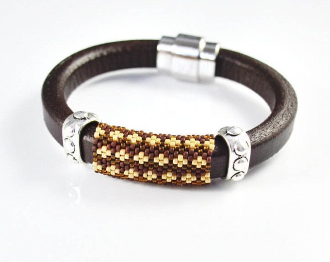 Men braided bracelet Strap bracelet for men Brown black bracelets Leather bracelet gift for him male model Seed beads bracelets claps magnet