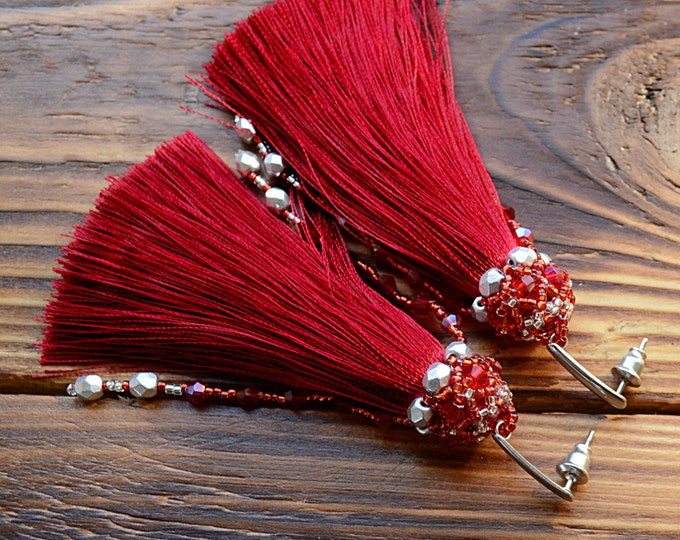 red fringe earrings, tassel earrings, tassel jewelry, elegant long tassels, boho chic earrings, beaded earrings, seed bead earrings, women