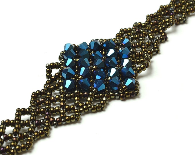 delicate bracelet with navy blue crystals, gemstone crystal jewelry, woven bracelet, seed bead bracelet, handmade jewelry, women gift