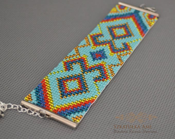 Wide bracelet, geometric bracelet, native bracelet, beaded bracelet, loom bracelet, woven bracelet, seed bead bracelet, gift for her, aztec