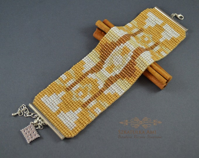Beige wide bracelet loom cuff of the sleeve bead jewellery seed beads bracelets pattern caramel gift woven handmade iceland pattern