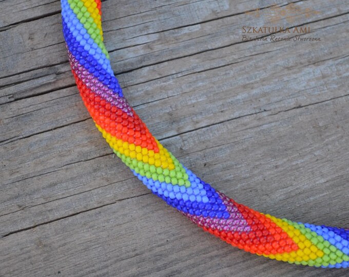 Rainbow necklace Seed beads necklace Summer jewelry Colour necklace shaded in Tube necklace Knitting Crochet necklace Mother womens gift