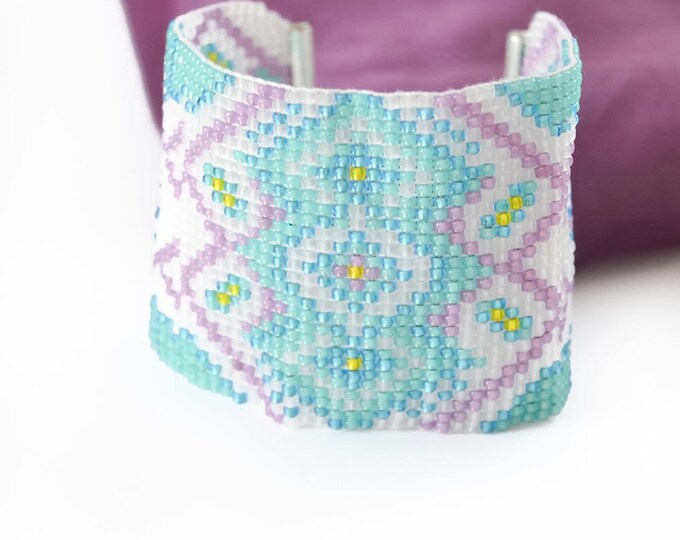 Pastel beaded cuff, loom bracelet, wide bracelet, bangle bracelet, wide cuff bracelet, seed bead bracelet, bead cuff bracelet, aztec pattern