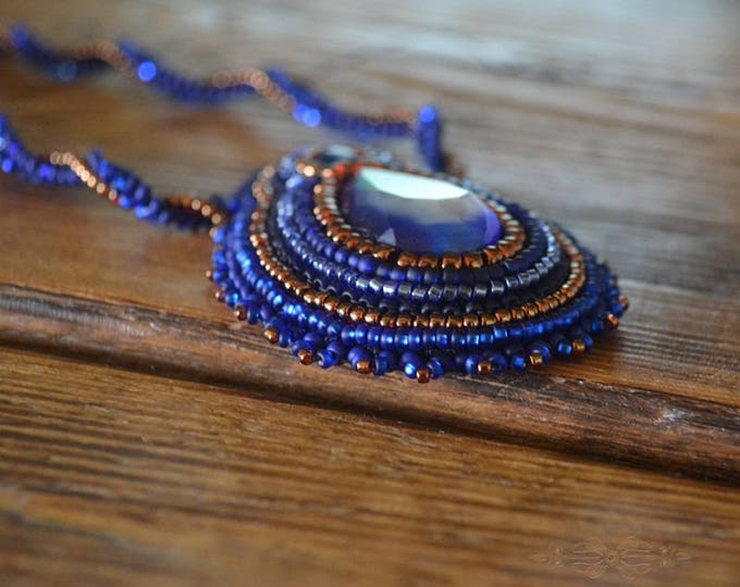 Blue sky necklace, glass necklace, seed bead necklace, beading bead cobalt necklace, gift for her, statement necklace, gold brown blue, boho
