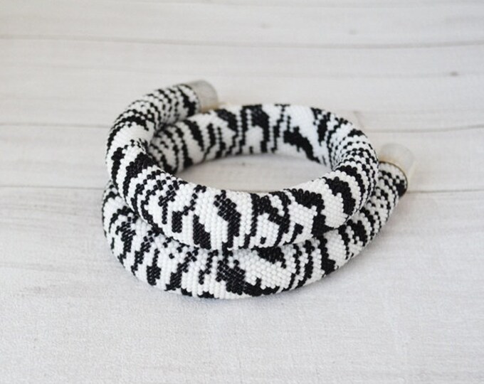 Zebra crochet bead necklace, black and white jewelry, animal print skin necklaces