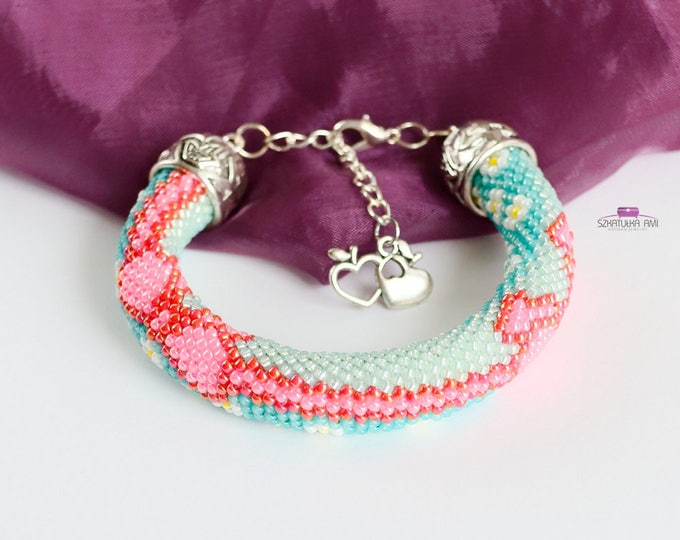 Bead crochet rope Bracelet Beaded Bracelet gift for her Beadwork Beaded jewelry With colored section pattern mint pink bow cute sweet flower