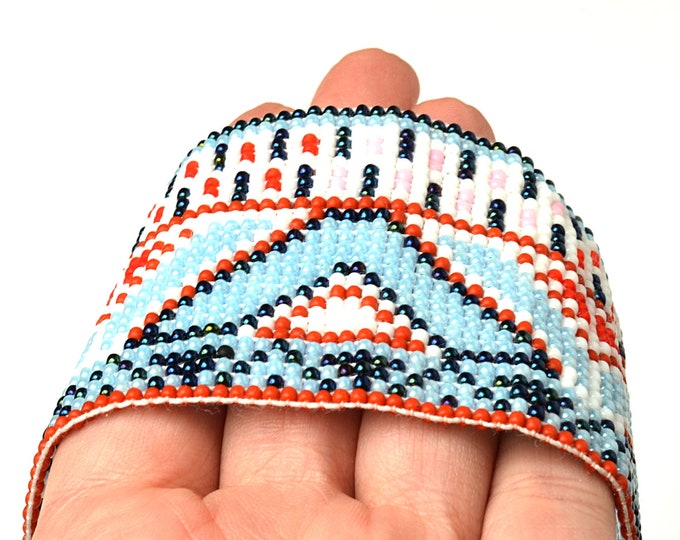 Huichol Bracelet, Native Cuff Bracelet, Native American Beaded Bracelet, Aztec Bracelet, Tribal Bracelet, Wide bracelet, Geometric bracelet