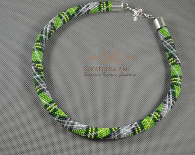 Green Scottish Tartan, beaded necklace, beaded rope necklace, crochet necklace, seed bead necklace, tartan jewelry, tartan necklace beadwork