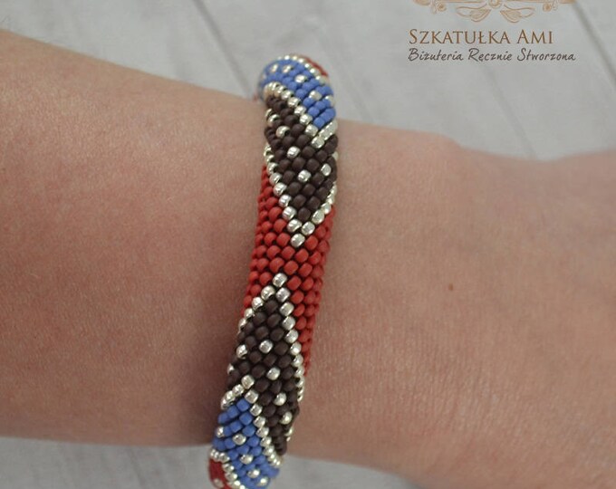 Red blue brown bracelet crochet colorful bracelet beaded bracelet handmade bangle braclets womens girls gift glass beads effect shading her