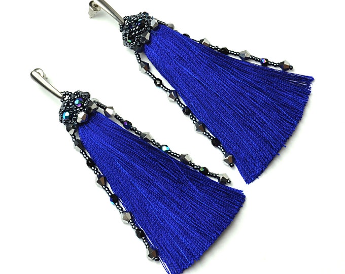 Long navy tassel earrings