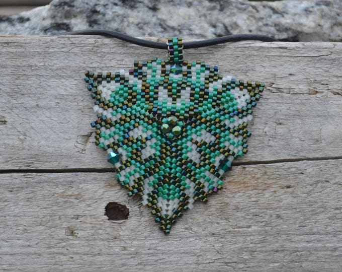 Bohemian pendant, beaded pendant, beaded triangle, crystal pendant, glitter necklace, beaded necklace, Swarovski pendant, seed bead pendant