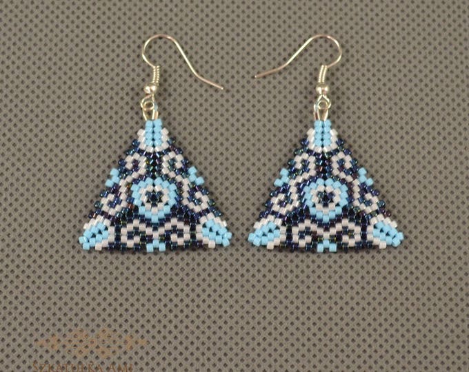 Blue triangles earrings Woven earrings Sedd beads earrings Shadow blue Beads earrings Gift for her Elegant earrings Drop earrings Dangle