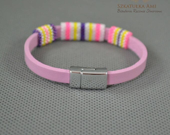Stripes bracelet, bangle bracelet, leather bracelet, pastel bracelet, Pink bracelet, Magnetic clasp, Natural strap, Cute bracelet, delicate