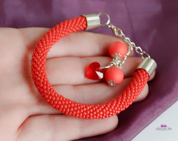 red bracelet, beaded bracelet, christmas bracelet, women bracelet, seed bead bracelet, swarovski bracelet, crochet bracelet, pastel bracelet