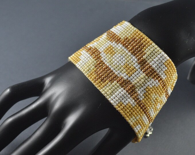 Beige wide bracelet loom cuff of the sleeve bead jewellery seed beads bracelets pattern caramel gift woven handmade iceland pattern