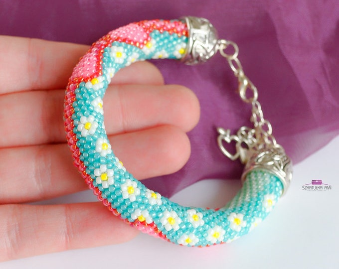 Bead crochet rope Bracelet Beaded Bracelet gift for her Beadwork Beaded jewelry With colored section pattern mint pink bow cute sweet flower