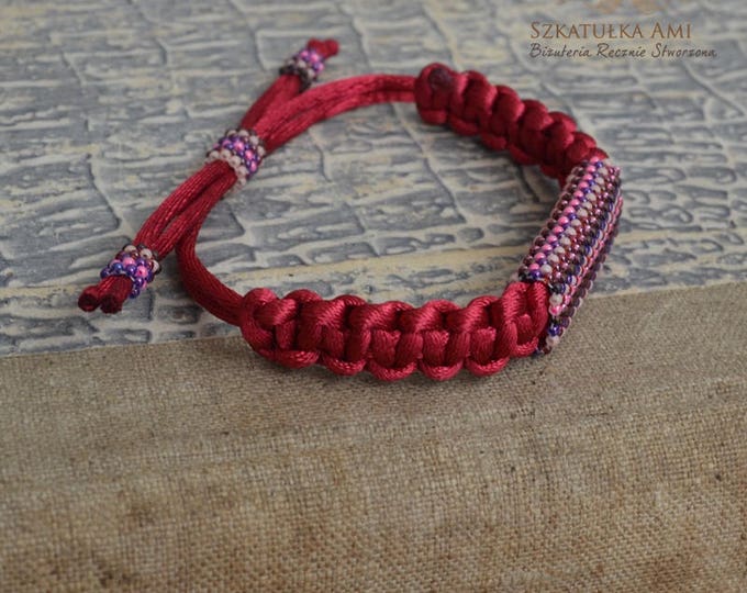 Red satin bracelet, macrame bracelet, friendship bracelet, beaded plaited, girls gift, girls present, hippie bracelet, Yoga Bracelet, yoga