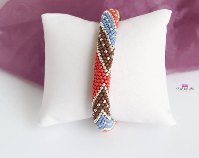 Red blue brown bracelet crochet colorful bracelet beaded bracelet handmade bangle braclets womens girls gift glass beads effect shading her