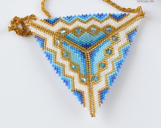 pendant triangle, beaded triangle, triangle necklace, geometric necklace, blue gold triangle, tribal necklace, tribal jewelry, beadwork